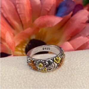 Dragonfly and Sunflower Etched Silver Ring Yellow Dark Orange & Silver NEW!